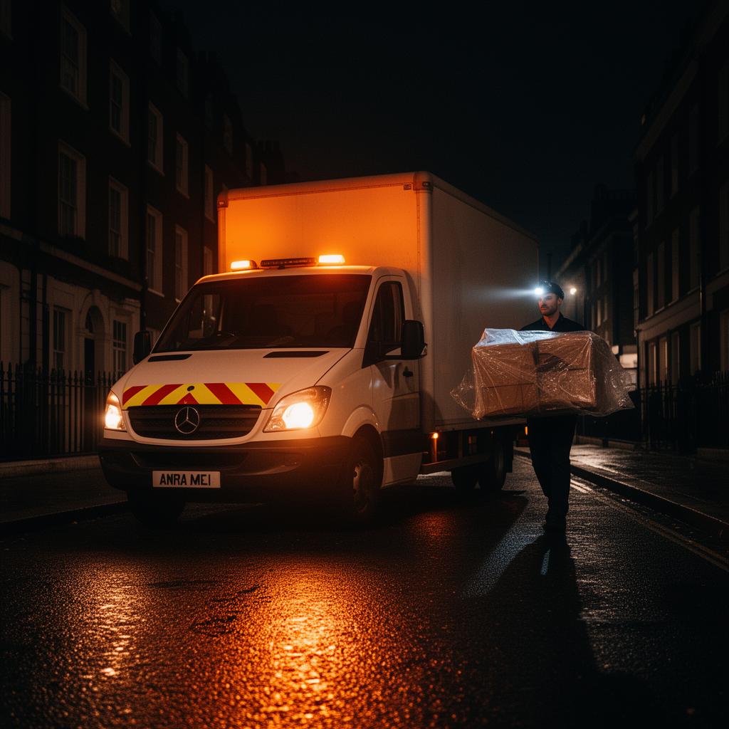 Removals van on a wet London street at night