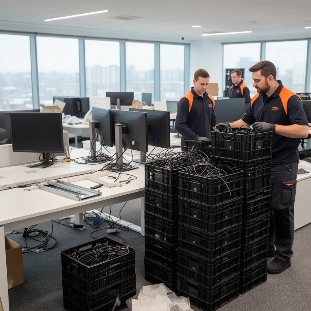Office relocation crew packing monitors and cables into black crates