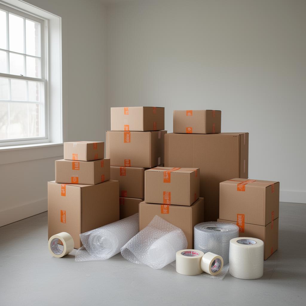 Stacked moving boxes with bubble wrap and tape in an empty room