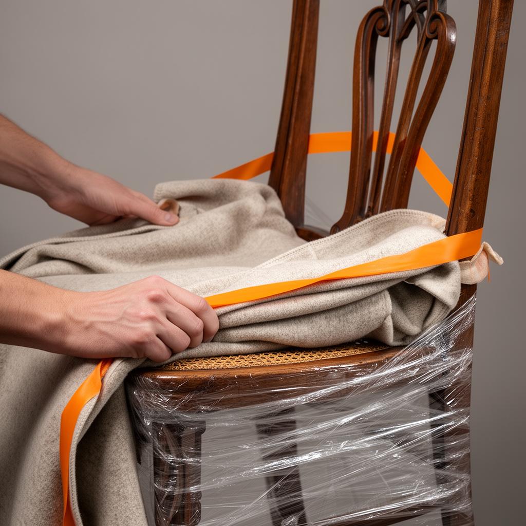 Hands wrapping an antique chair in protective blankets and tape